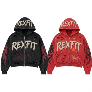 REXFIT Sweat à capuche zippé oversize vert marron unisexe streetwear en coton délavé à l'acide avec motif lettres imprimées pour l'hiver - Product Image 2