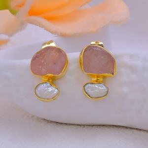 October Birthstone Rose Quartz with Pearl <b>Stud</b> <b>Earrings</b> Gold Plated Brass Channel <b>Set</b> Raw Trendy Women's Jewelry - Product Image 1