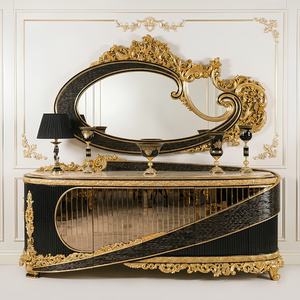 Juego de Comedor de Lujo Europeo Clásico, Acabado en Negro y Dorado con Madera de Teca Sólida, con Aparador Curvo Artístico y Vitrina - Product Image 2