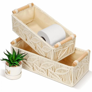 Juego de 2 Cestas de Almacenamiento de Macramé de Algodón para Organización del Hogar, Cesta Decorativa de Cuerda Tejida con Asas para Decoración del Hogar - Product Image 3