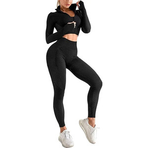 Black Ribbed Yoga Set Quarter-Zip Crop <b>Top</b> High Waist Full Length Leggings 2 Piece Spandex Polyester Activewear - Product Image 1
