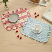 Ensemble de sets de table en coton et lin à volants, rayures françaises, style campagnard, épais, lavables, pour la décoration de table de mariage