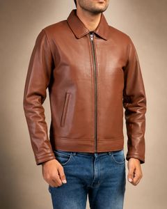 <b>Brown</b> <b>Leather</b> <b>Jacket</b> <b>Men</b> Zip Up Collared Casual Outerwear Autumn Style Genuine <b>Leather</b> Slim Fit Regular Length - Product Image 2