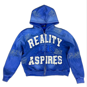 เสื้อฮู้ดดี้ฮิปฮอปสไตล์วินเทจทรงปกติ ซิปหน้า ผ้าฟลีซระบายอากาศได้ดี น้ำหนัก 460 กรัม ผ้าฝ้ายเนื้อหนา สตรีทแวร์ โลโก้ประดับเพชร สำหรับผู้ชาย - Product Image 1