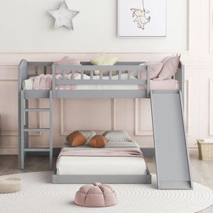 Letto a castello moderno a due piazze con scivolo, scaletta e contenitore per bambini, in legno di pino grigio e MDF, per ville, camere da letto, soggiorni e palestre - Product Image 1