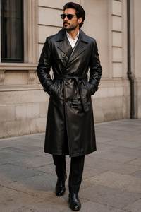 <b>Men</b> Genuine Leather <b>Long</b> Trench <b>Coat</b> Notched Lapel Single Breasted Overcoat With Pockets Regular Fit - Product Image 4