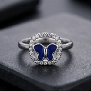 Bague en argent sterling 925 avec papillon bleu en émail, zircone cubique et halo carré, bijou élégant en forme d'animal, cadeau pour femmes et filles - Product Image 1