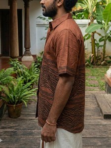 Handcrafted <b>Men</b> Ivory Cotton <b>Short</b> Sleeve Shirt with Traditional <b>Brown</b> Hand Block Print Border and Wave Motifs - Product Image 3