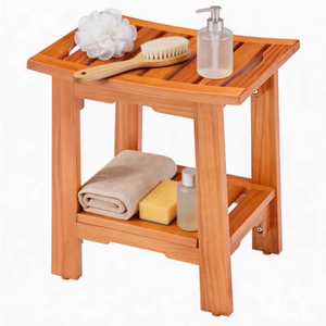 Sgabello da doccia in teak da 14 pollici con sedile antiscivolo regolabile, sgabello spa per bagni domestici e uso esterno, adatto agli anziani, con funzione di stoccaggio - Product Image 1