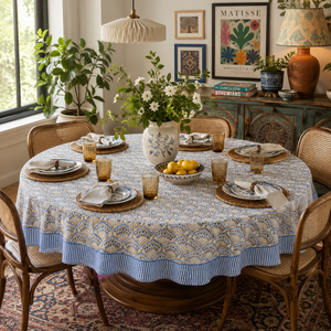 Indian Premium Hand Block Print Cotton <b>Table</b> Cover 70" Floral Design White Blue Eco-Friendly Reusable Durable Elegant - Product Image 5