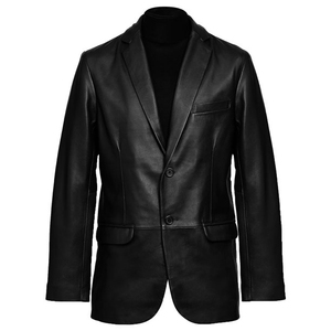 Men Black <b>Leather</b> <b>Blazer</b> Single Breasted Notched Collar Regular Fit Full Length Sleeve British Style <b>Jacket</b> - Product Image 1