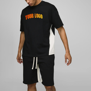 High Quality Men Summer Casual Two-Piece <b>Set</b> Black White Cotton T-Shirt Shorts Crew Neck Print Breathable Custom Logo Front - Product Image 1
