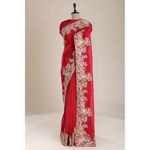 TENDENCIA BORDADO SECUENCIA HILO CODIFICACIÓN TRABAJO SAREE CON BLUSA DESCOSADA ROJO - Product Image 1