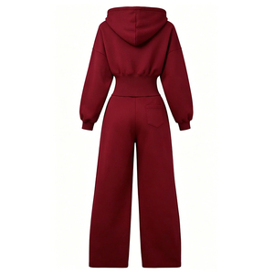 Women Hooded Zip-Up Tracksuit Solid Color Full Length Loose Fit Casual Sweat <b>Jumpsuit</b> Autumn Red Polyester Material - Product Image 4