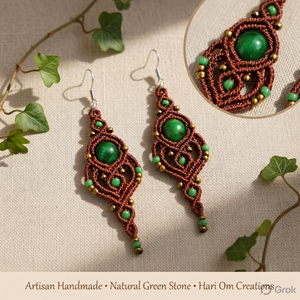 Boucles d'oreilles en macramé en malachite faites à la main, pierre naturelle verte, cordon marron, boucles d'oreilles pendantes bohèmes, cristal de guérison, bijoux artisanaux pour femmes - Product Image 4