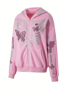 Unisex Rhinestone Butterfly Zip Men's Hoodies Cotton Fleece Oversized Streetwear Graphic Full Zip Up Custom Regular Fit Casual - Product Image 5