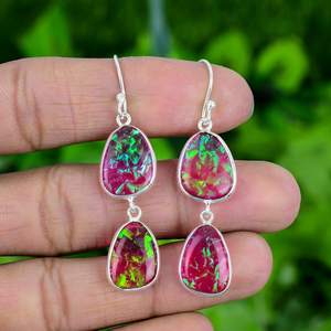 Boucles d'oreilles en opale rose feu, argent sterling 925, opale feu triple fait main, bijoux en pierres précieuses, cadeau pour femme - Product Image 5