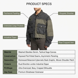 Veste en jean patchwork pour homme, coupe ample, finition usée, poches cargo, style utilitaire, bordure brute, fermeture éclair, 100% coton - Product Image 5