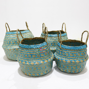 Paniers de rangement en feuilles de palmier naturelles bleues avec poignées, style art populaire, forme de bol multi-usages - Product Image 1