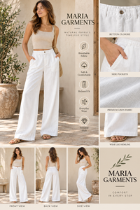Collection en gros de vêtements en lin/coton de qualité supérieure - Ensemble deux pièces débardeur beige et pantalon décontracté blanc, coupe ample, taille haute, jambe large - Product Image 5