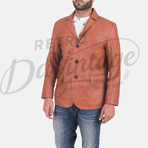 พรีเมี่ยม เสื้อแจ็คเก็ตหนังแท้สีน้ำตาลสำหรับผู้ชาย ลำลอง ทรงเข้ารูป หนังแกะนุ่ม เสื้อโค้ทธุรกิจ สไตล์คลาสสิกวินเทจ เสื้อคลุมตัวนอก - Product Image 5