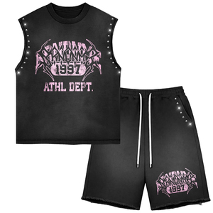 Ensemble de t-shirts sans manches noirs délavés à l'acide, 100% coton tricoté, coupe oversize, pour couple, avec gilet et short imprimés graphiques, style streetwear - Product Image 1