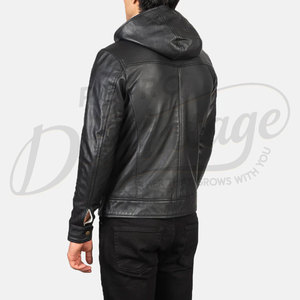 Veste à capuche en cuir véritable noir pour homme avec doublure en fourrure blanche contrastante et poche poitrine zippée, coupe ajustée, style décontracté - Product Image 6