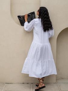 Vestido Maxi de Lino y Algodón Blanco Liso para Mujer, Cuello en V, Manga Larga, Estilo Bohemio, Holgado, Línea A, Casual, Verano - Product Image 3