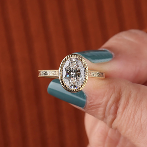 3 Carat Oval Lab Diamond Engagement <b>Ring</b> _ Yellow <b>Gold</b> Milgrain Bezel <b>Set</b> - Product Image 6