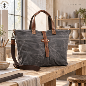 Washed Waxed Canvas Shopping <b>Tote</b> <b>Bag</b> <b>with</b> Carry Handles | Grey Daily Carry <b>Bag</b> <b>with</b> Detachable <b>Shoulder</b> <b>Strap</b> and Snap Closure - Product Image 2
