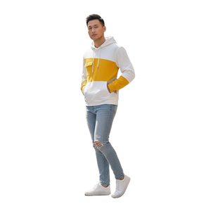 <b>Men's</b> <b>White</b> Yellow Color Block Hooded <b>Sweatshirt</b> Slim Fit Casual Autumn Cotton Knitted Pullover with Pocket - Product Image 2