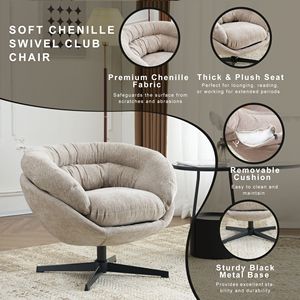 Fauteuil de bureau confortable en métal noir, revêtement en chenille, pivotant à 360 degrés, avec coussin amovible pour salon - Product Image 2