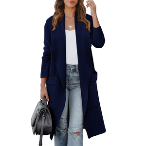 Cardigan à manches longues pour femmes, couleur unie, ouvert sur le devant, avec poches, pull tricoté décontracté, longueur complète, sans col, vêtements d'hiver - Product Image 4