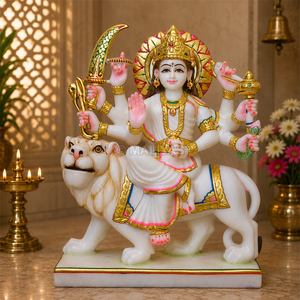 White Marble Durga Maa Statue on Lion | Elegant Durga Mata Murti with Golden Crown by MALIYAS Jaipur India - Product Image 1