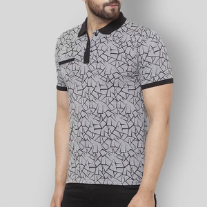 Polo en tricot à imprimé géométrique pour homme, manches courtes, décontracté, noir et gris, coupe classique, avec poche, respirant, en polyester et coton - Product Image 2