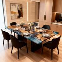 Table de salle à manger en résine époxy avec carte océanique, en bois de burl naturel à bord vif, mobilier d'art unique en bois et résine