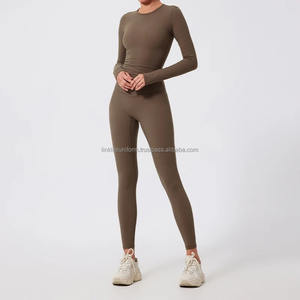 Femmes Fitness 2 pièces ensemble de vêtements de sport sans couture à manches longues Yoga costume tricot tissu transfrontalier nouveau Style entraînement exercice taille - Product Image 6
