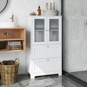 Mobiletto da Bagno Autoportante con 2 Cassetti e 2 Ante in Vetro Satinato per Organizzazione Dispensa e Soggiorno - Product Image 4