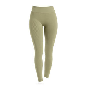 Olive Green Solid High Elastic Waist Full Length Ribbed Seamless Spandex/Nylon Yoga Pants Women Quick Dry Breathable Fitness - Product Image 1