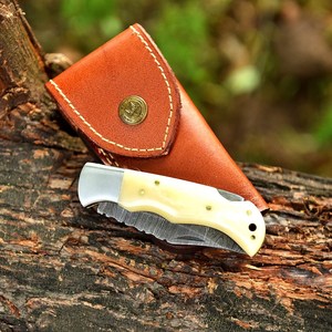 UA Supplies OEM Industrial Grade Damascus Steel Foldable Pocket <b>Knife</b> <b>Bone</b> <b>Handle</b> Clip Point Blade 0.5mm Thick Thumb Knob - Product Image 4