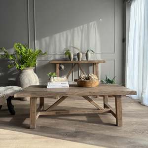 Mesa de Centro de Madera de Olmo Rústica Reciclada, Estilo Vintage, con Acabado Natural Envejecido para Sala de Estar - Product Image 1