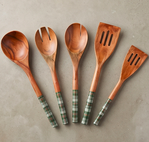 Wooden <b>Utensil</b> <b>Set</b> With Plaid Handle Matte Finish Dishwasher Safe Traditional Design For Kitchen Use - Product Image 1