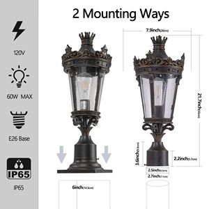 Lanterna da Esterno Vintage Crown 22 Pollici con Paralume in Vetro Trasparente e Base in Metallo Anticato, Lampada da Tavolo Decorativa Impermeabile - Product Image 6