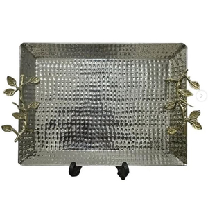 Best Quality Hammered Stainless Steel Rectangular <b>Tray</b> With Leaf Handle Perfect For Serving <b>Snacks</b> Sweets In Greatest Price - Product Image 1
