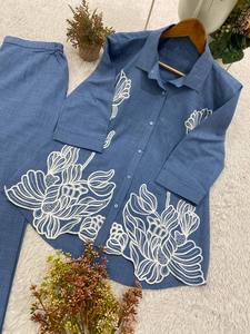 <b>Women's</b> Blue Cotton Embroidered <b>Kurta</b> Set With Floral Design Loose Fit Casual Wear India Pakistan Style All Seasons - Product Image 4