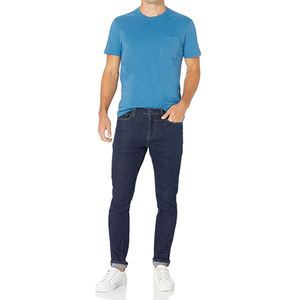 Camiseta de Hombre Premium Azul Cian con Bolsillo |   Camiseta de Manga Corta con Cuello Redondo de Algodón Sólido |   Ropa Deportiva Informal Urbana para Entrenamiento de Verano | - Product Image 2