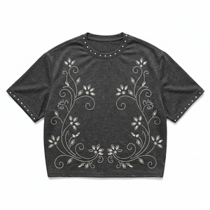 Men's Oversized Crop T-Shirt Short Sleeve Floral <b>Rhinestone</b> Embellished O-Neck Jersey Casual <b>Top</b> - Product Image 1