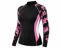 Haut de bain anti-UV à manches longues pour femme, imprimé floral noir et rose, en spandex et polyester respirant, écologique et à séchage rapide