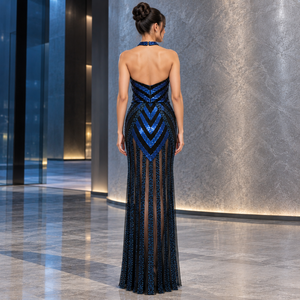 Glamorous Cobalt Blue Sequin Gown Halter Keyhole Neck Sleeveless | <b>Chevron</b> Embellished Sheath Floor Length Evening Party <b>Dress</b> - Product Image 4