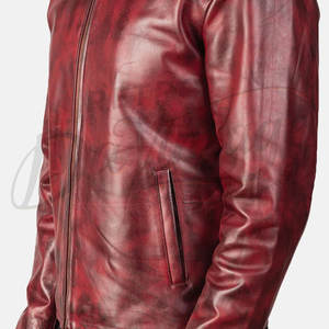 Veste en cuir véritable rouge rétro pour homme, style motard vintage, col montant, coupe ajustée, manteau d'hiver décontracté - Product Image 5